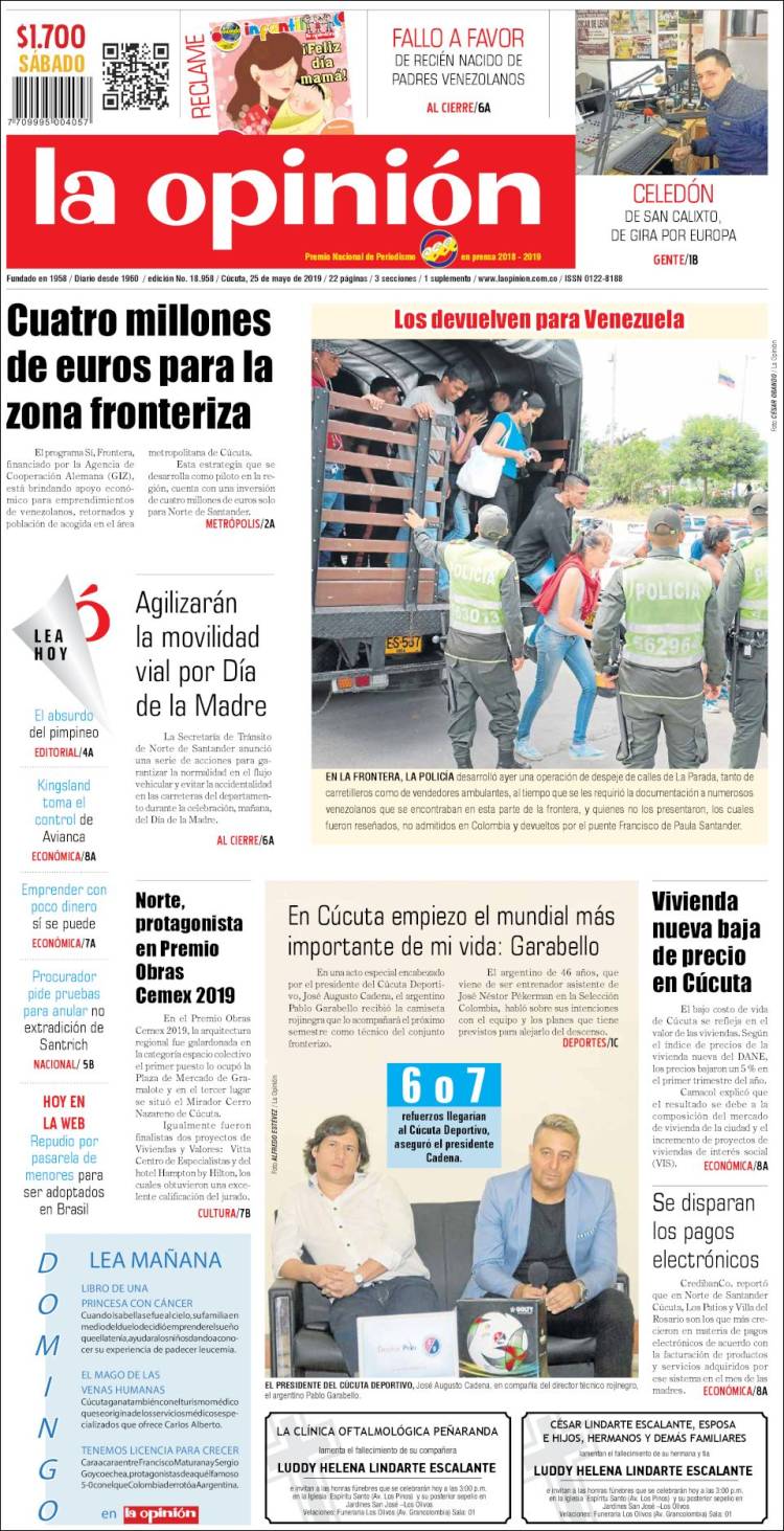 Portada de Diario La Opinion (Colombia)