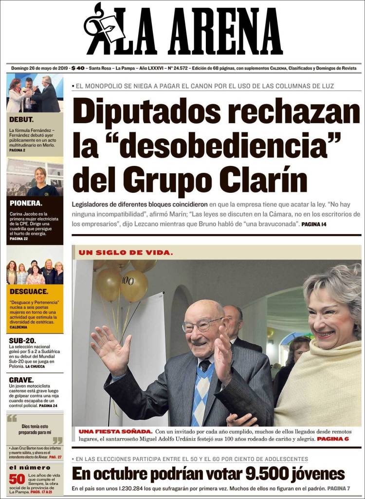 Portada de Diario La Arena (Argentina)