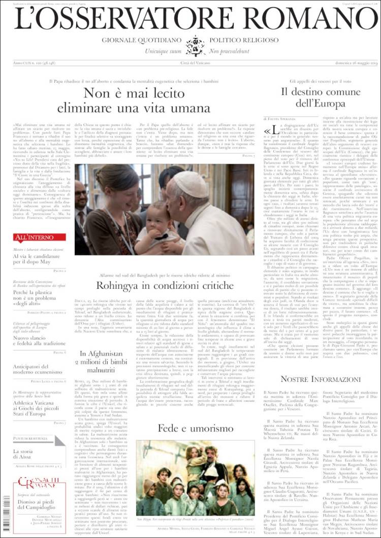 Portada de L'Osservatore Romano (Italie)