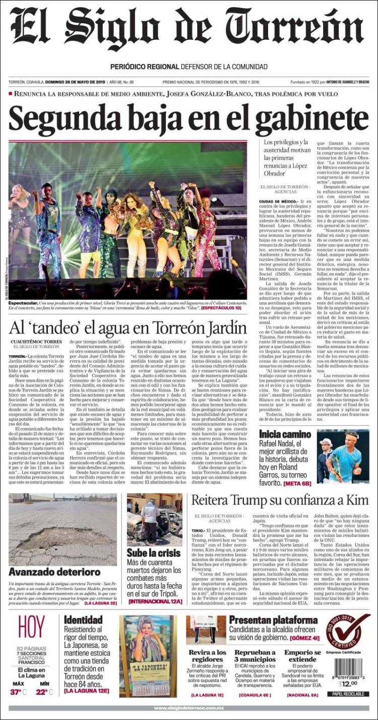 Portada de El Siglo de Torreon (M&eacute;xico)