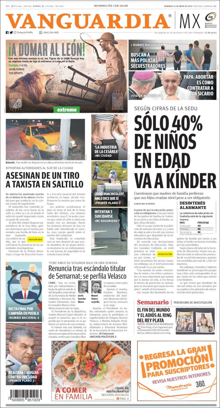 Portada de Vanguardia (M&eacute;xico)