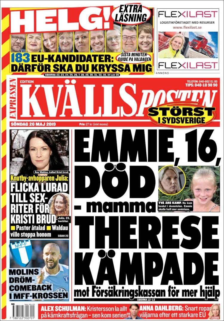 Portada de Kvällsposten (Su&egrave;de)