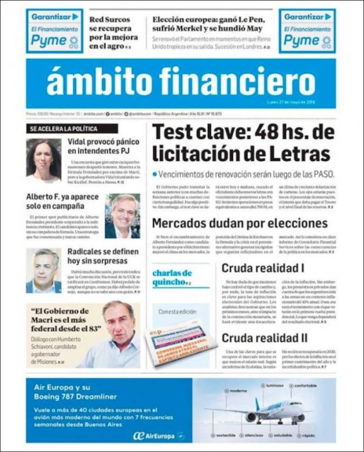 Portada de Diario Ambito Financiero (Argentina)