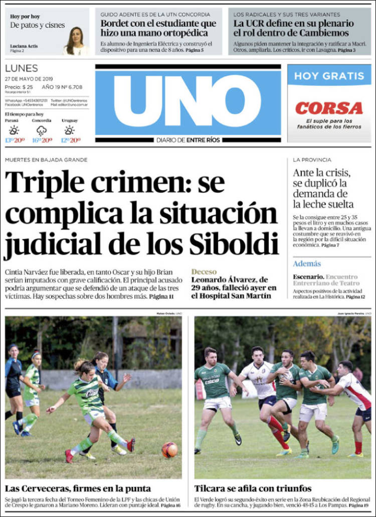 Portada de Diario Uno de Entre Ríos (Argentina)