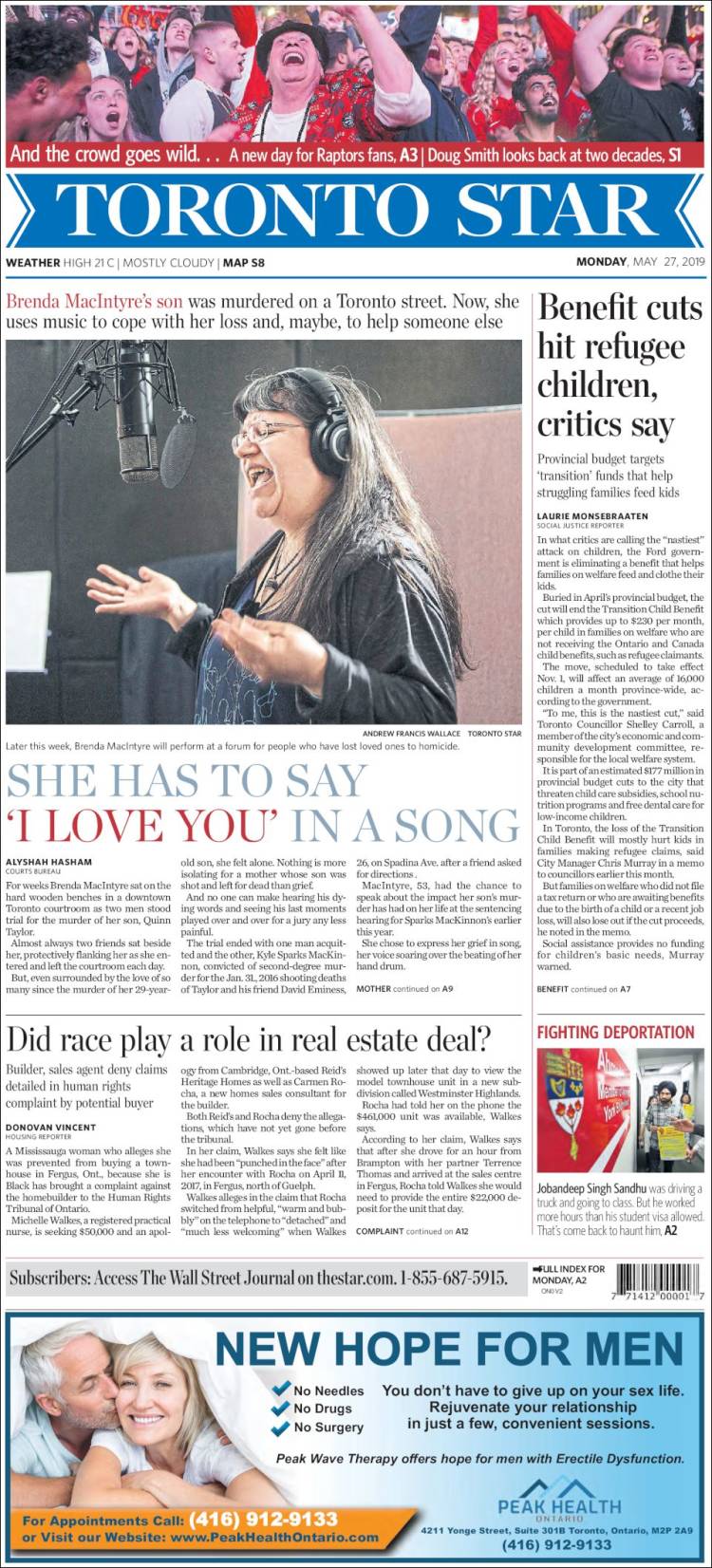 Portada de The Toronto Star (Canada)