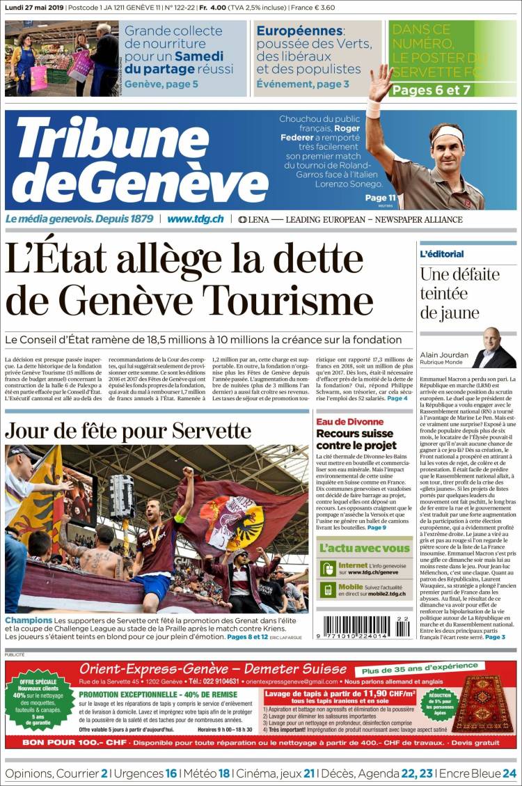 Portada de La Tribune de Genève (Suiza)