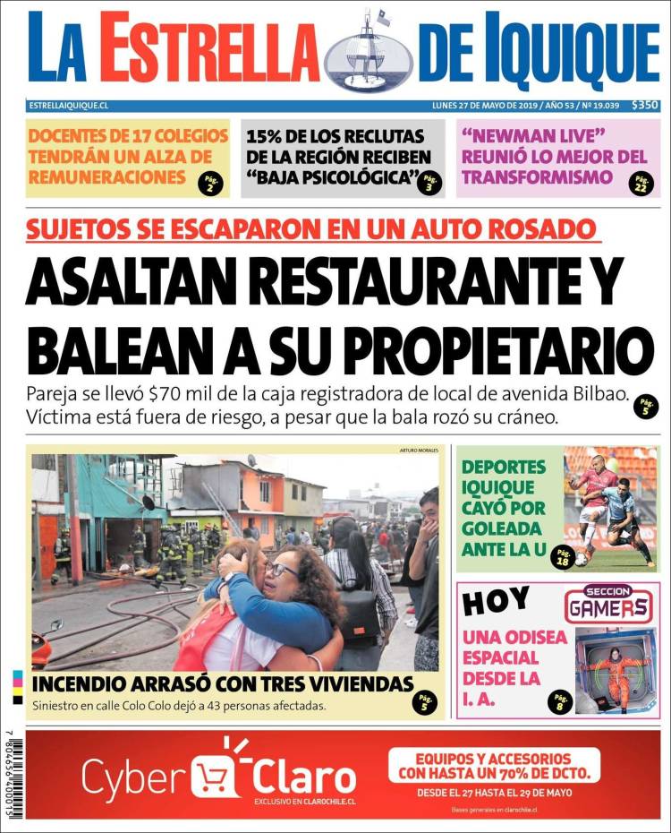 Portada de La Estrella de Iquique (Chile)