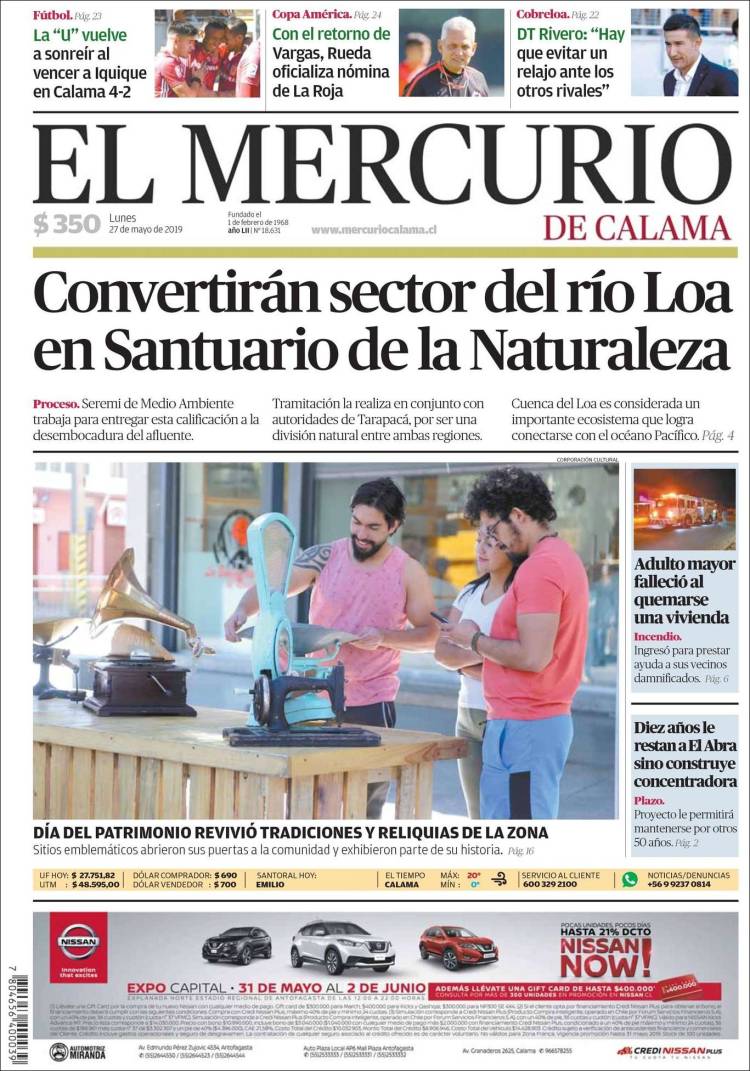 Portada de El Mercurio - Calama (Chile)