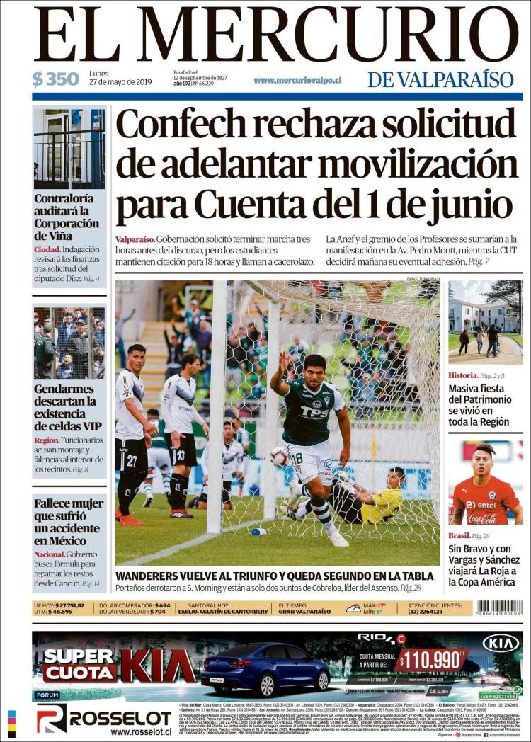 Portada de Mercurio de Valparaiso (Chile)