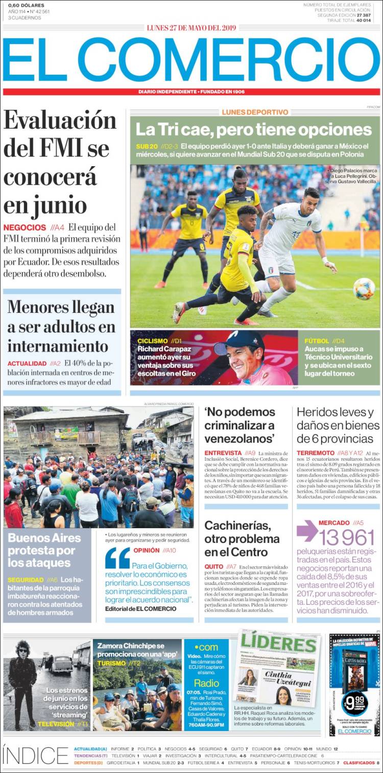 Portada de El Comercio (Ecuador)