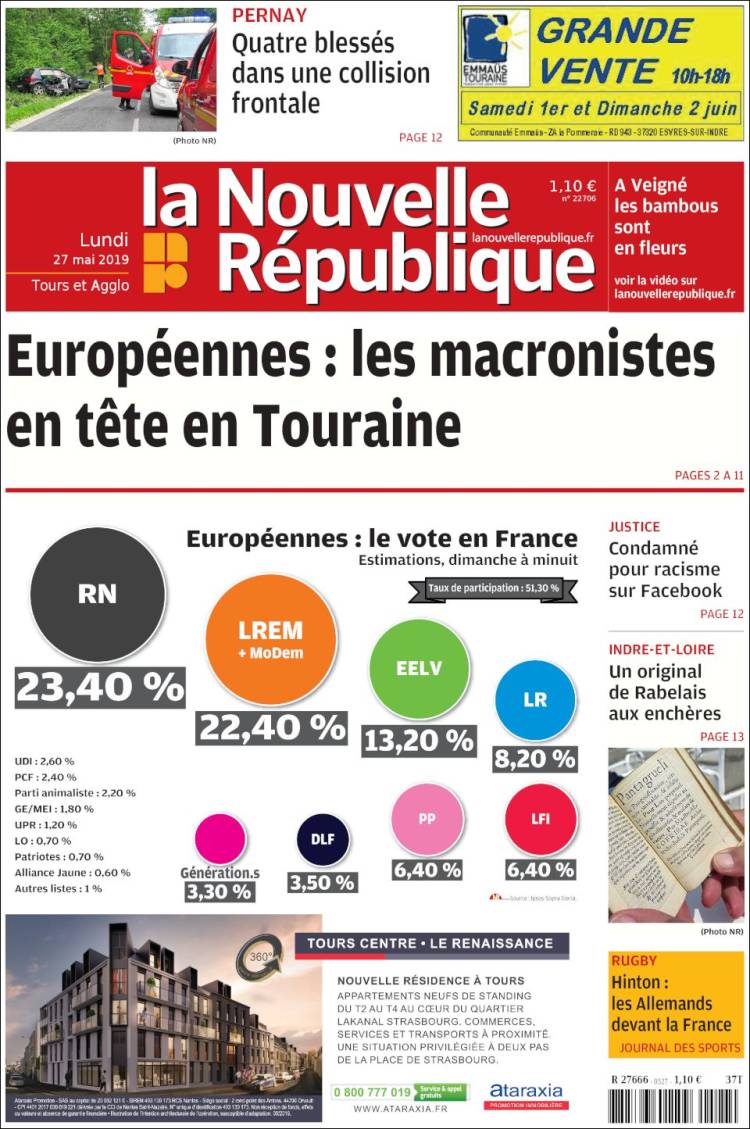 Portada de La Nouvelle Republique (Francia)