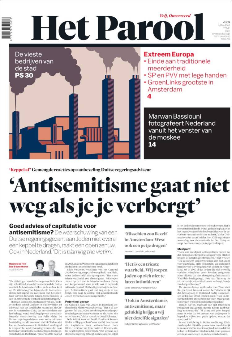 Portada de Het Parool (Pa&iacute;ses Bajos)