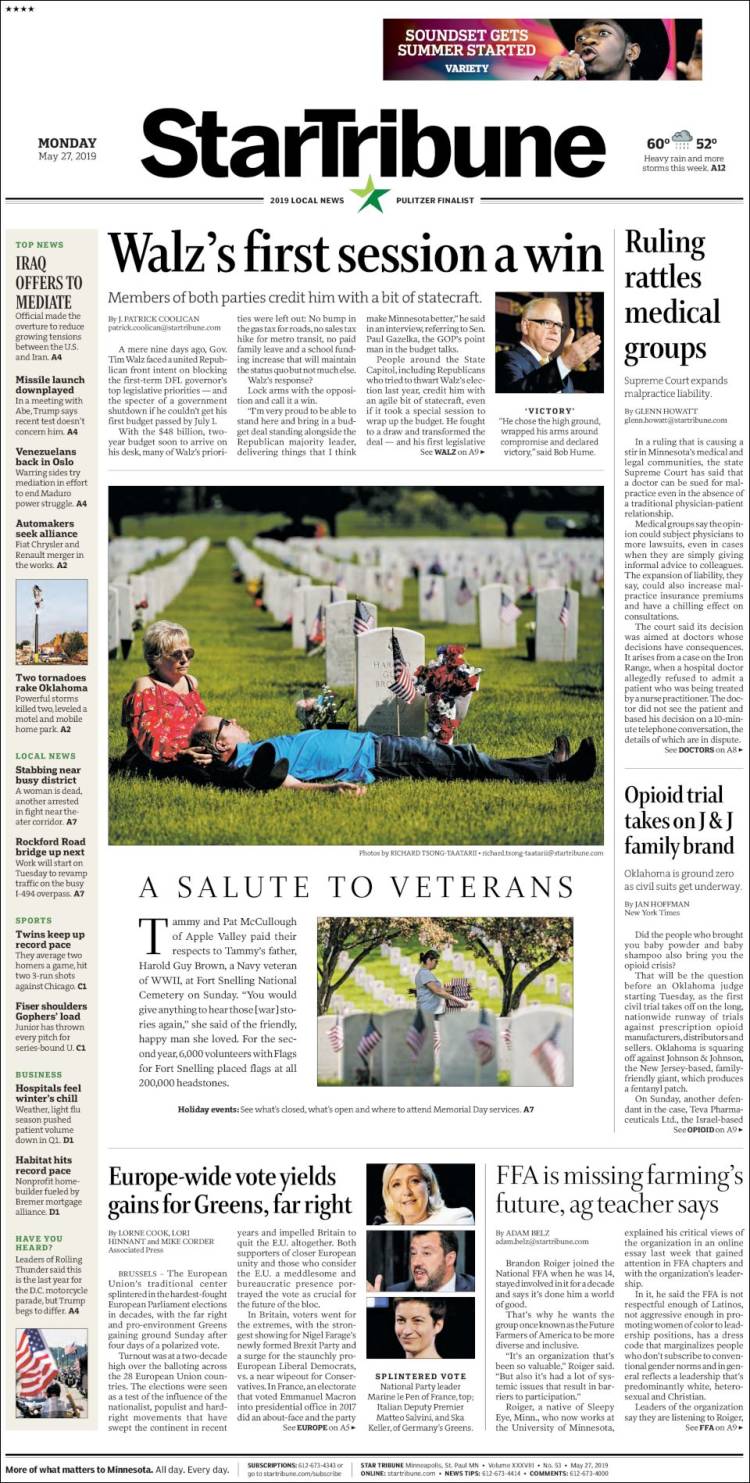 Portada de Star Tribune (États-Unis)