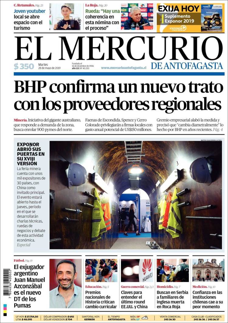 Portada de El Mercurio de Antofagasta (Chile)