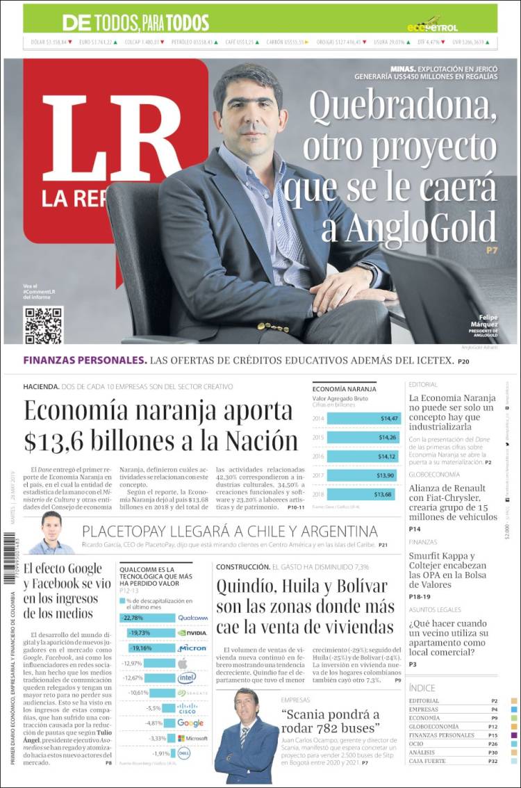 Portada de La Republica (Colombia)