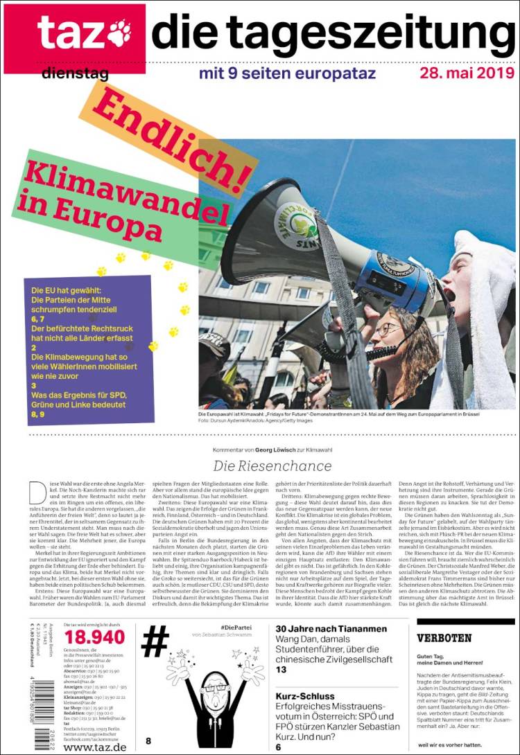 Portada de Die Tageszeitung (Alemania)