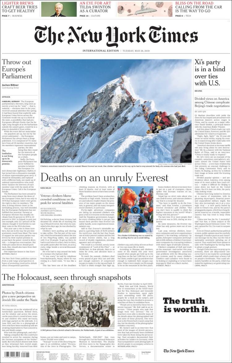 Portada de International New York Times (Europa)