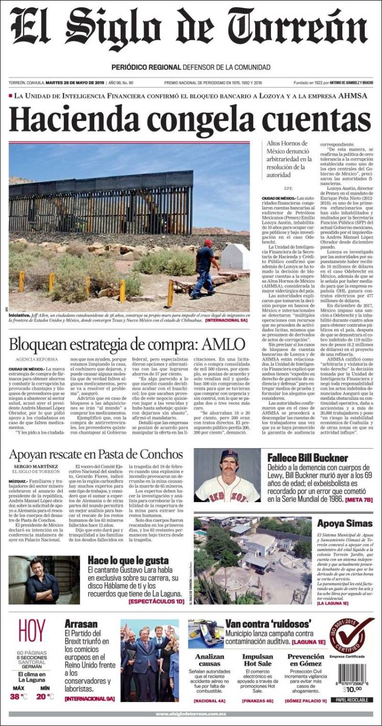 Portada de El Siglo de Torreon (México)