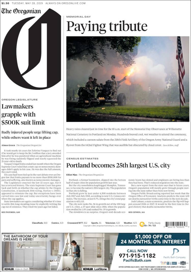 Portada de The Oregonian (USA)