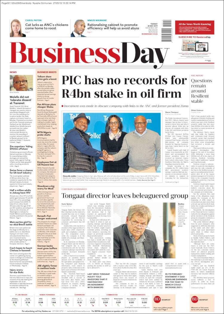 Portada de Business Day (Sud&aacute;frica)