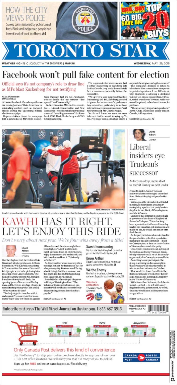 Portada de The Toronto Star (Canada)