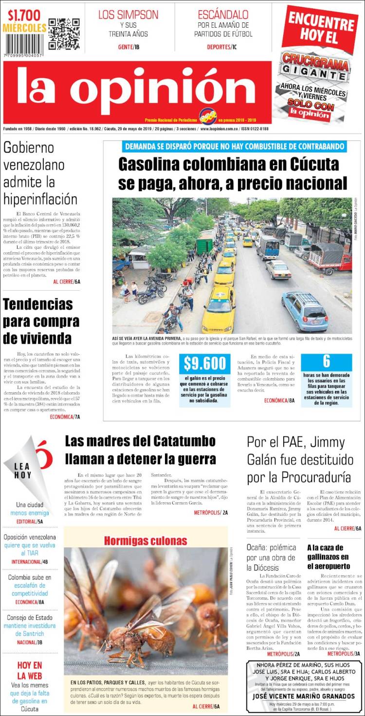 Portada de Diario La Opinion (Colombia)