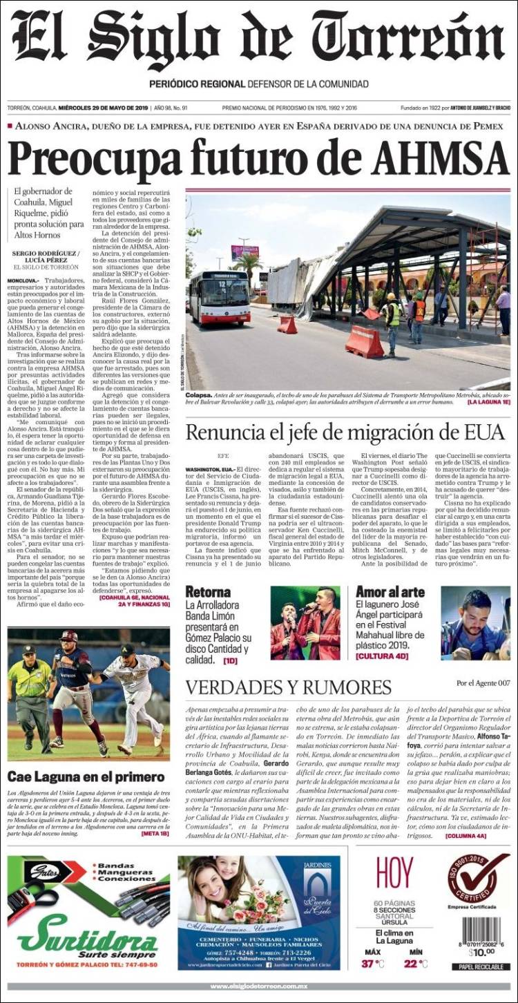 Portada de El Siglo de Torreon (México)