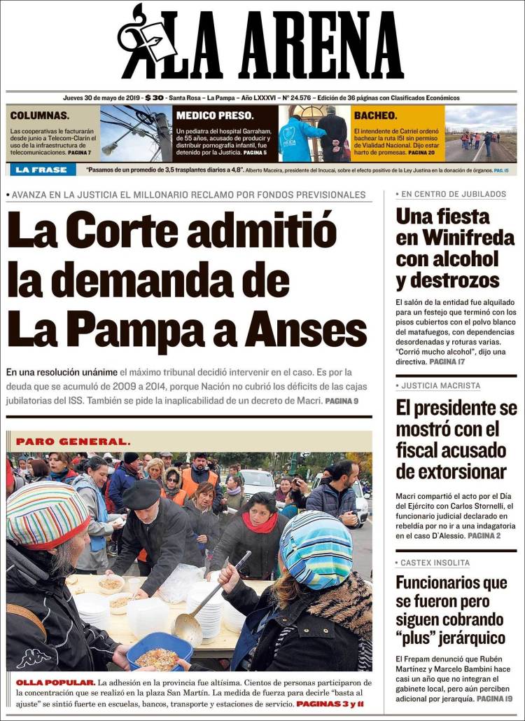 Portada de Diario La Arena (Argentina)