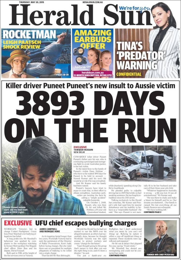 Portada de Herald Sun (Australia)