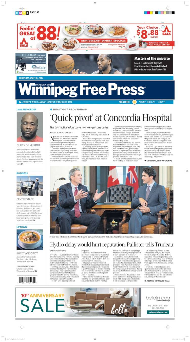 Portada de Winnipeg Free Press (Canadá)