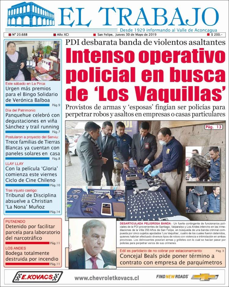 Portada de El Trabajo (Chile)