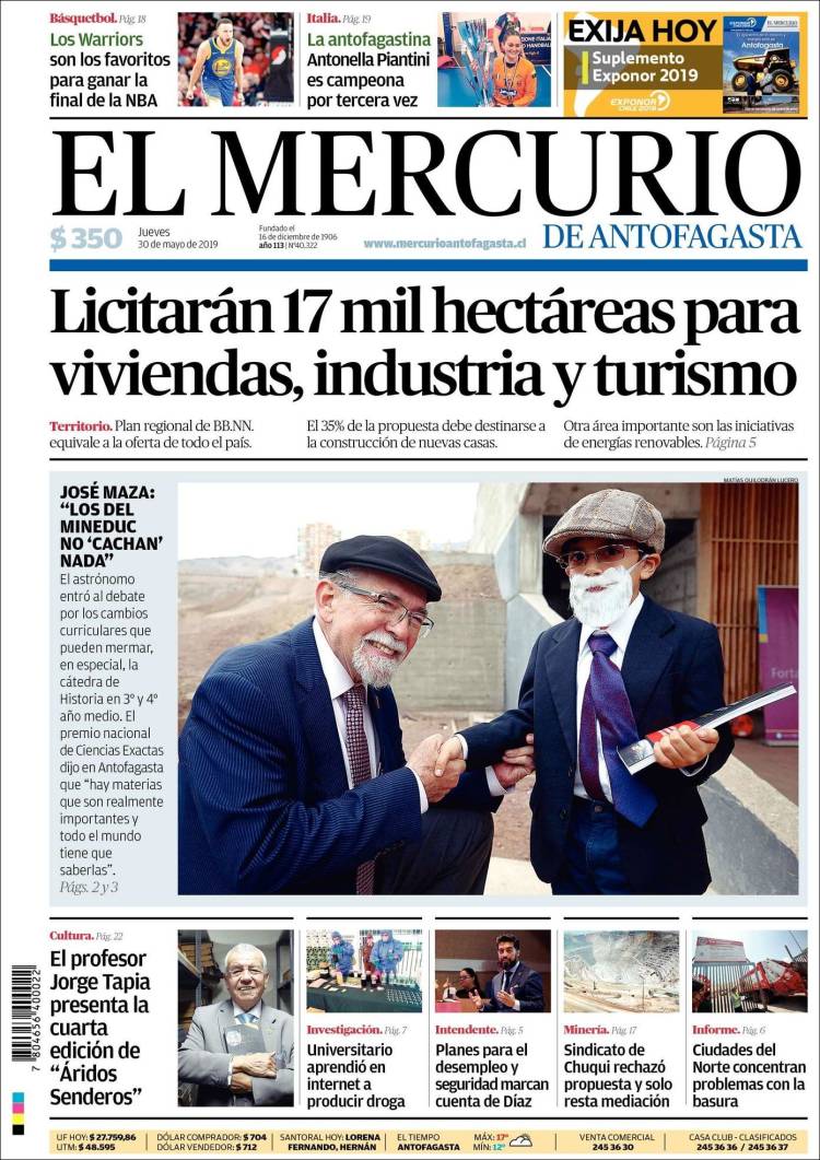 Portada de El Mercurio de Antofagasta (Chile)