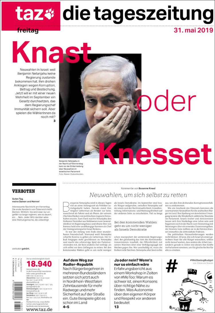 Portada de Die Tageszeitung (Alemania)