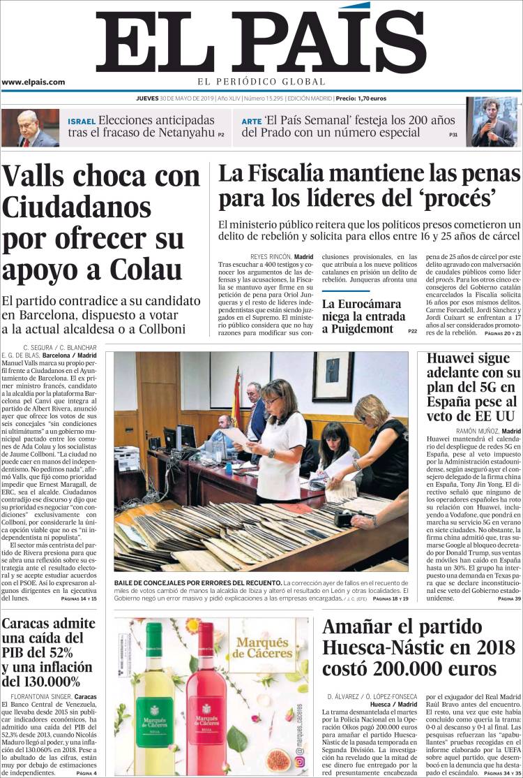 Portada de El País (España)