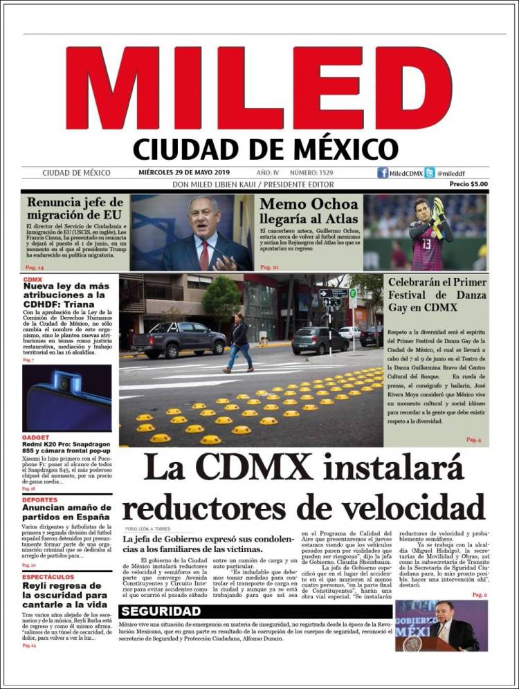 Periódico Miled - Distrito Federal (México). Periódicos de México. Edición  de jueves, 30 de mayo de 2019. 