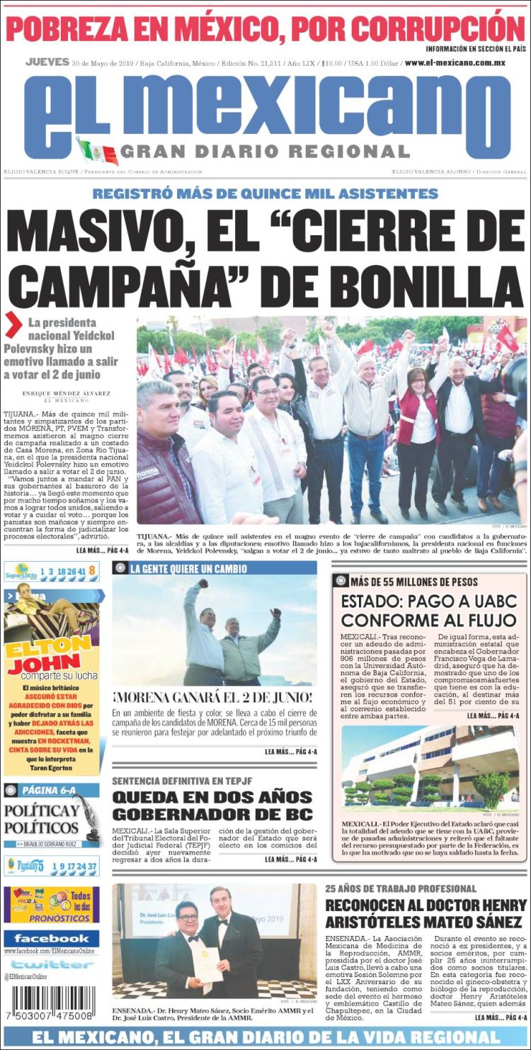 Portada de El Mexicano - El Gran Diario Regional (México)