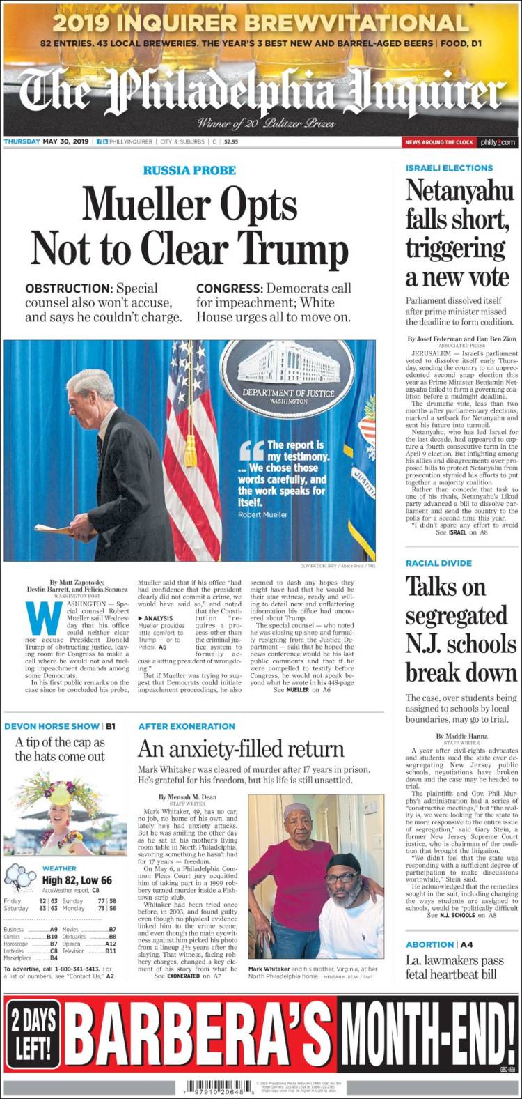 Portada de Philadelphia Inquirer (USA)