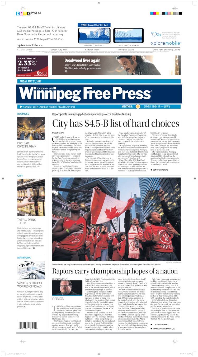 Portada de Winnipeg Free Press (Canada)