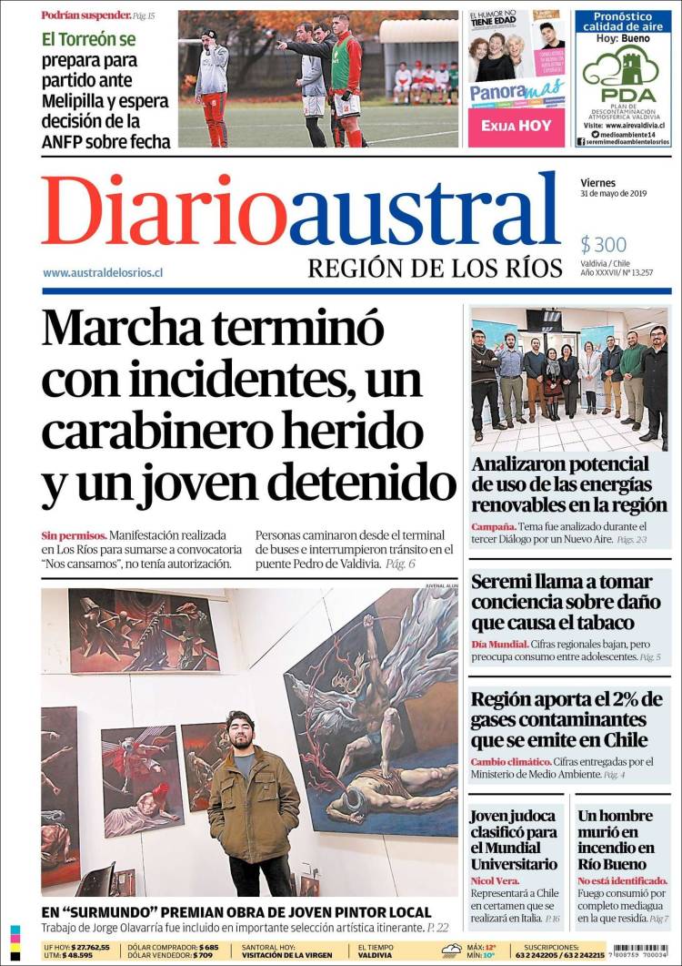 Portada de El Diario Austral de Valdivia (Chile)