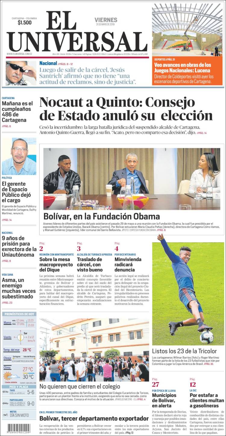 Portada de El Universal (Colombia)