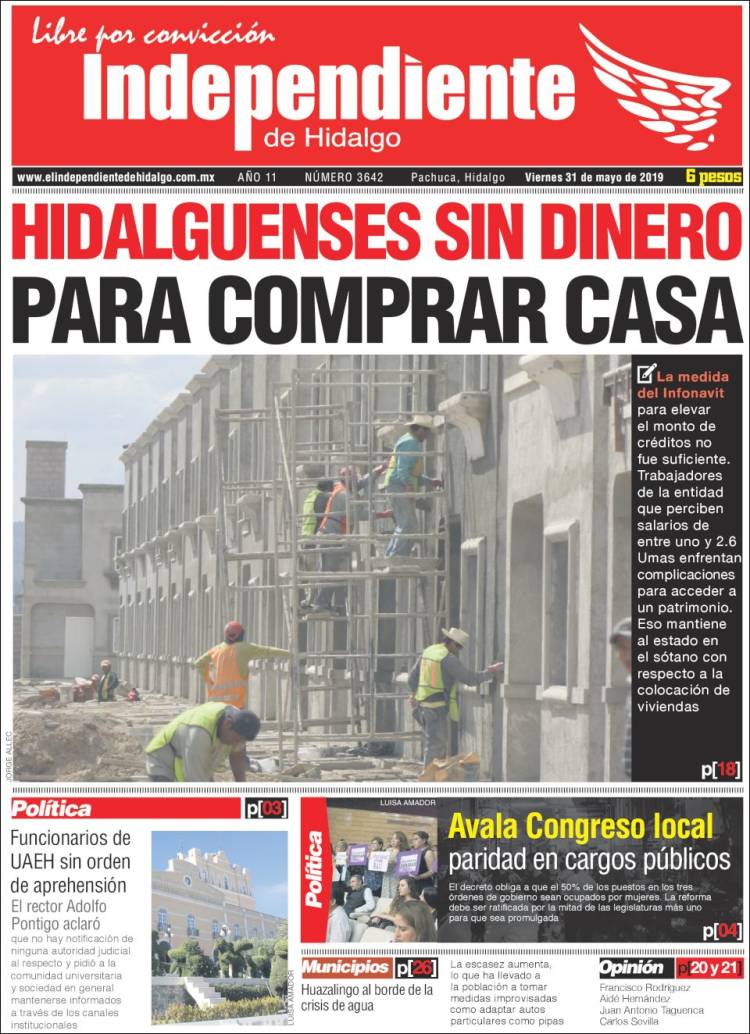 Portada de El Independiente de Hidalgo (M&eacute;xico)