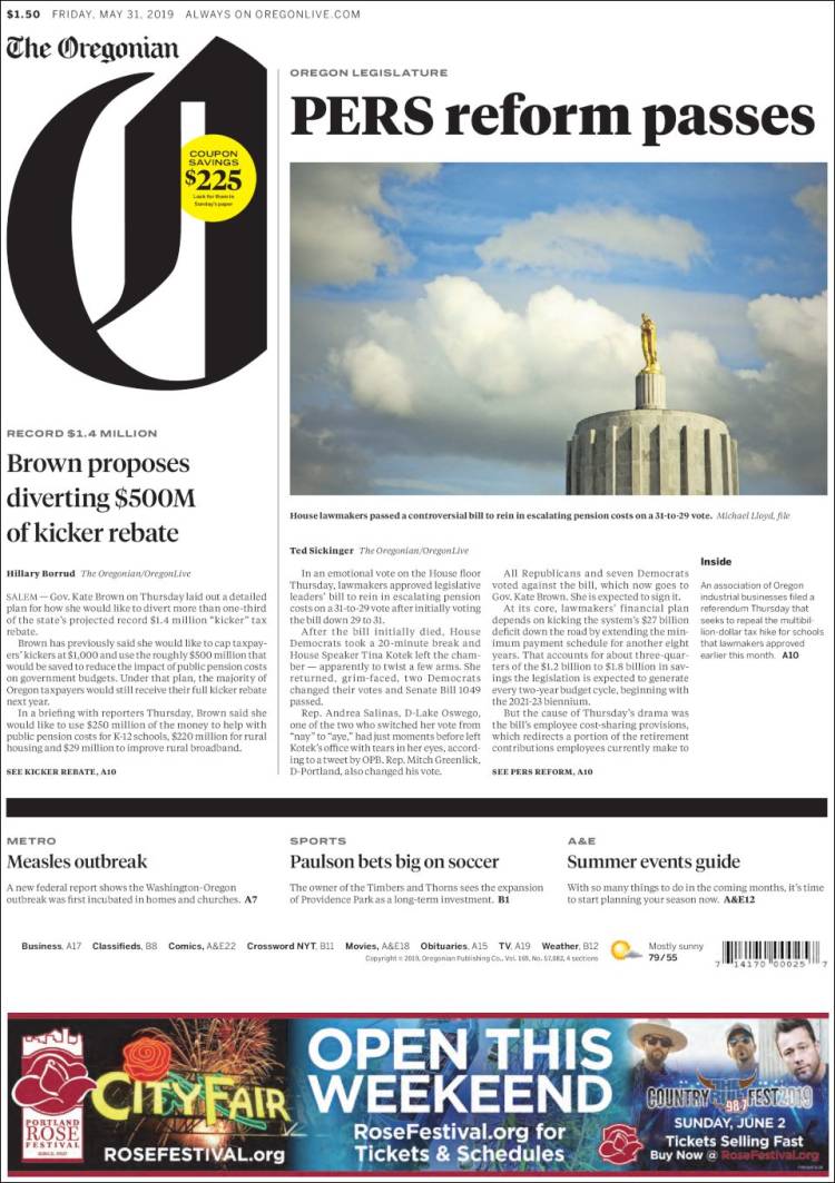 Portada de The Oregonian (USA)