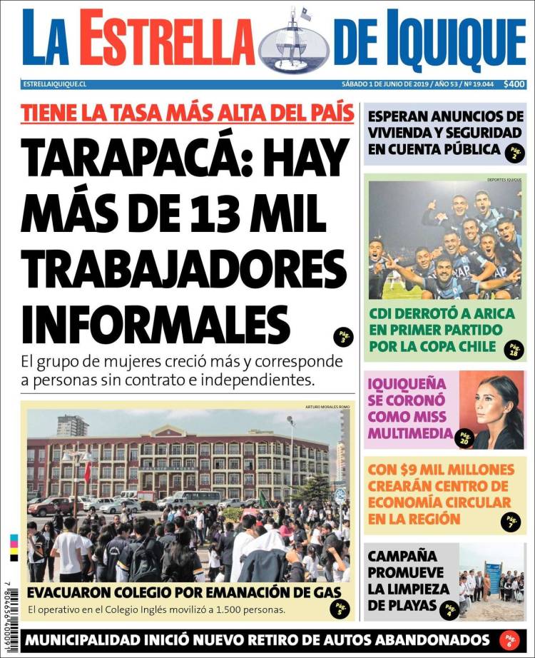 Portada de La Estrella de Iquique (Chile)