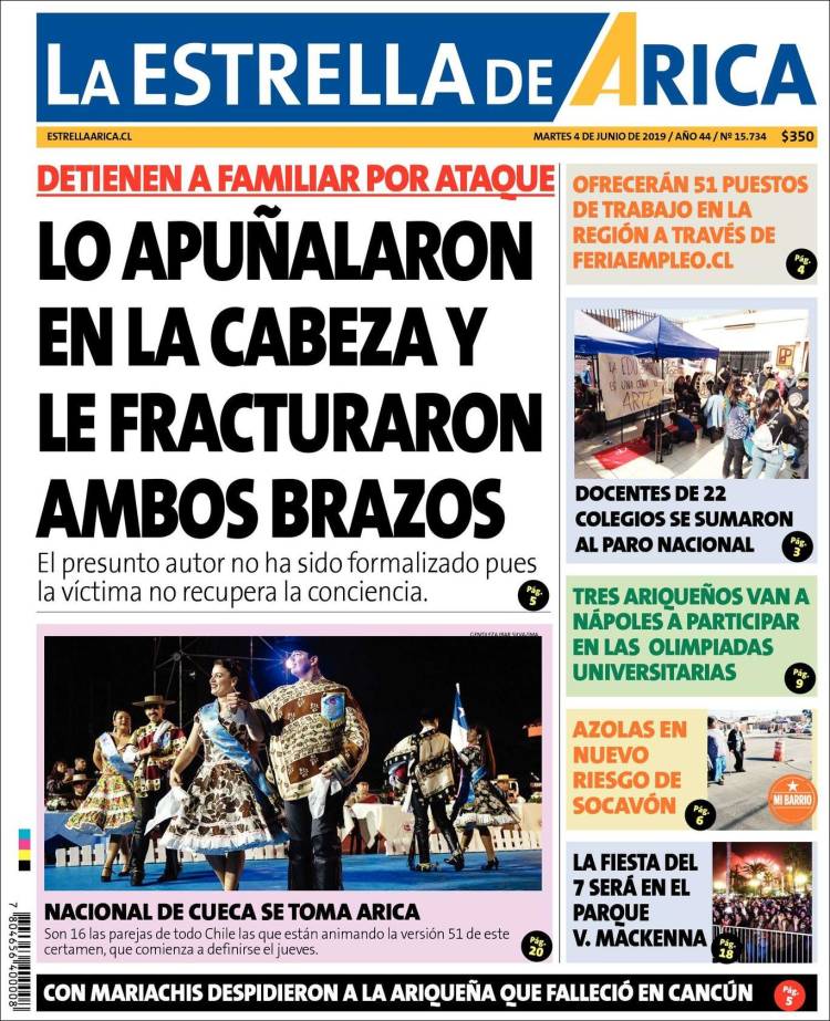 Portada de La Estrella de Arica (Chile)