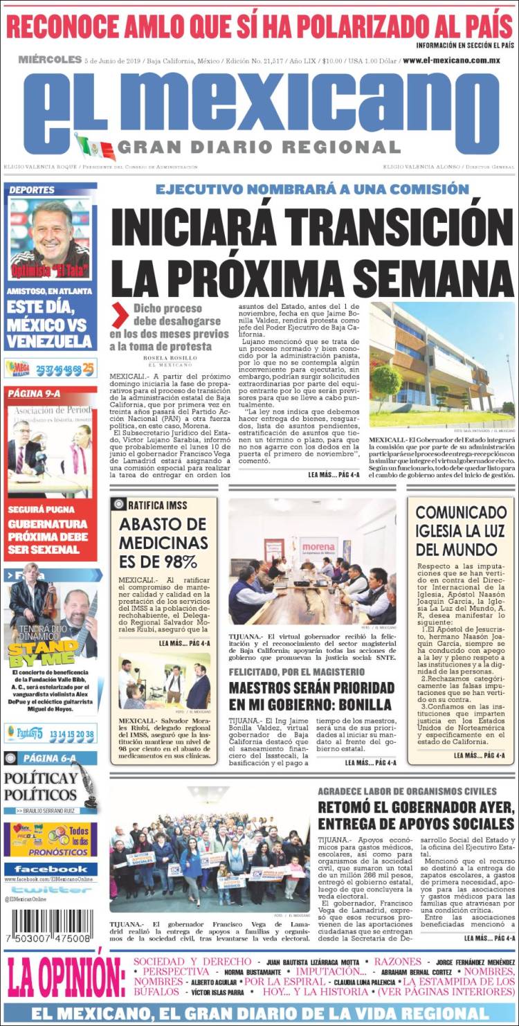 Portada de El Mexicano - El Gran Diario Regional (México)