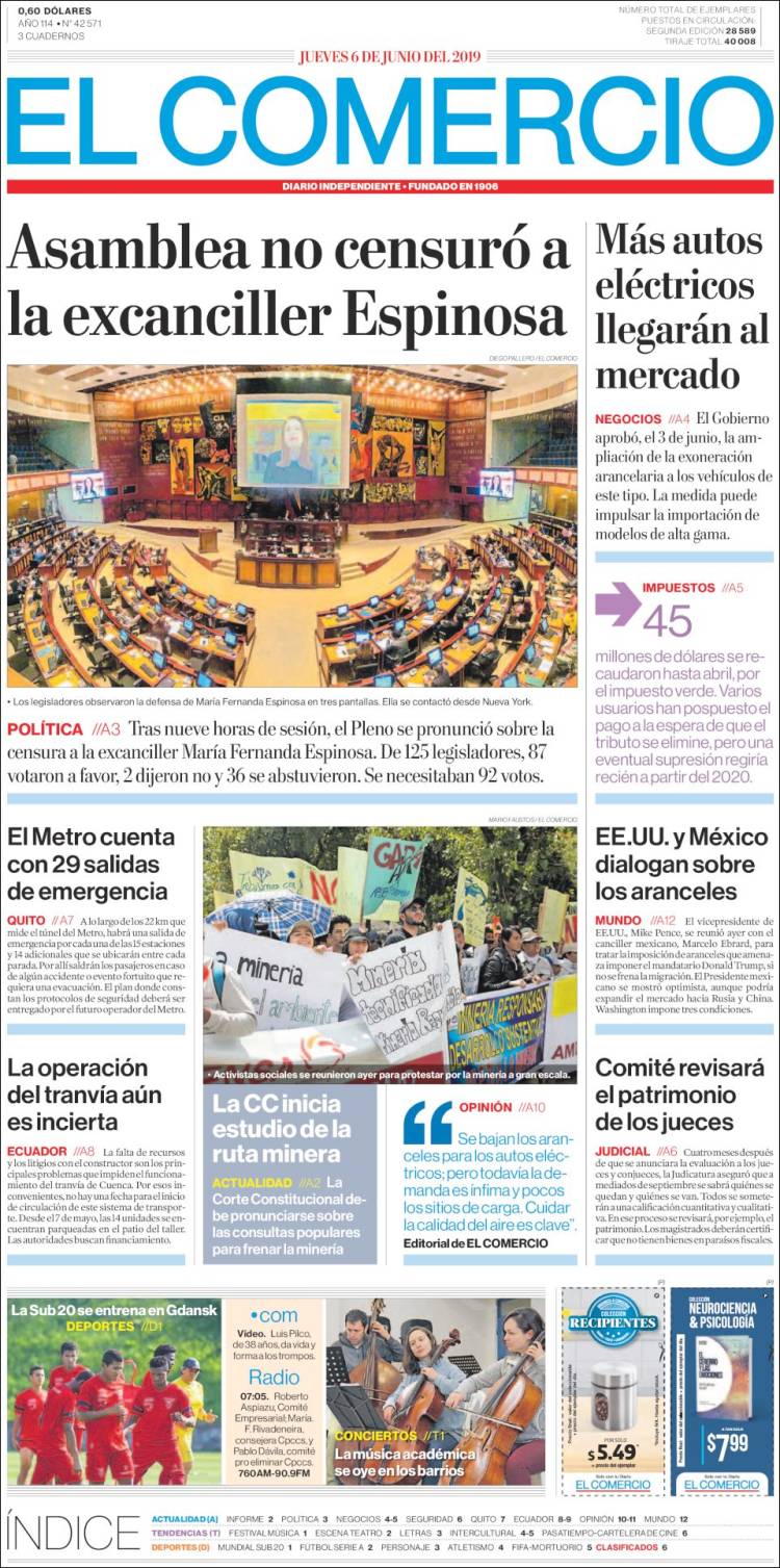 Portada de El Comercio (Ecuador)