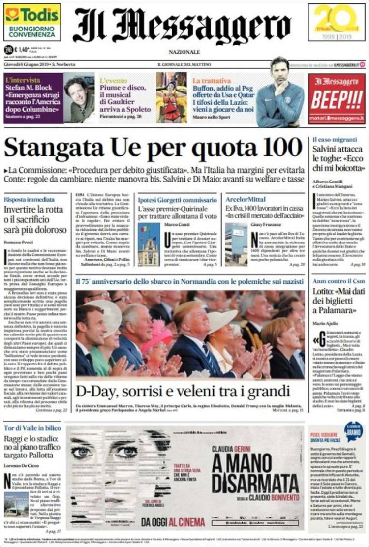 Portada de Il Messaggero (Italia)