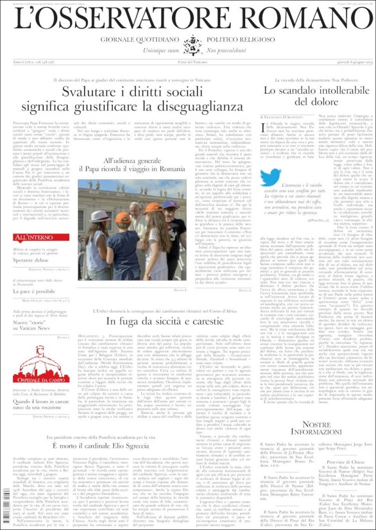 Portada de L'Osservatore Romano (Italia)