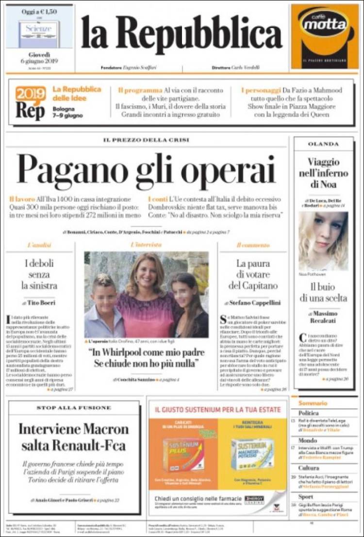 Portada de La Repubblica (Italia)