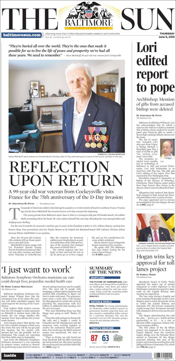 Portada de The Baltimore Sun (USA)